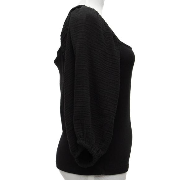 Sanctuary Black Square Neck Short Puff Sleeve Mixed Media Top Size Medium - Picture 4 of 8